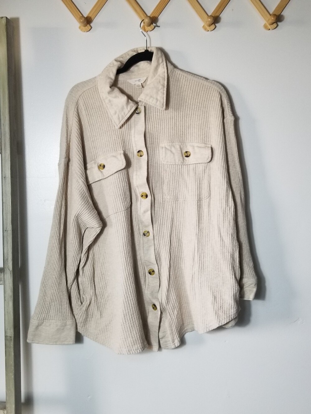 TERRA & SKY WOMEN'S CREAM BEIGE RIBBED BUTTON DOWN SHIRT JACKET SIZE 1X
